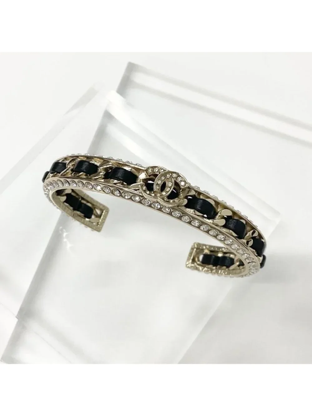 Chanel CC Logo Bangle Rhinestone Leather Bracelet Gold